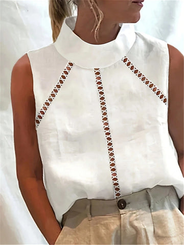 Women High Collar Sleeveless Loose Solid Lace Trim Blouse