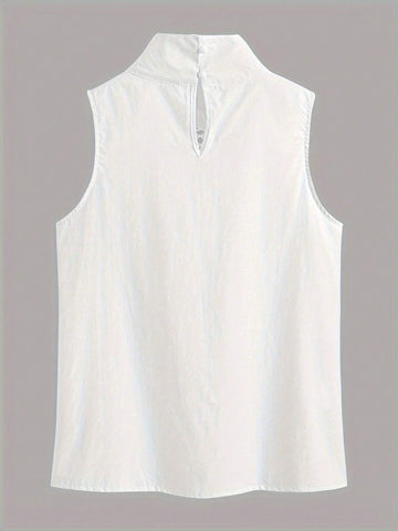 Women High Collar Sleeveless Loose Solid Lace Trim Blouse