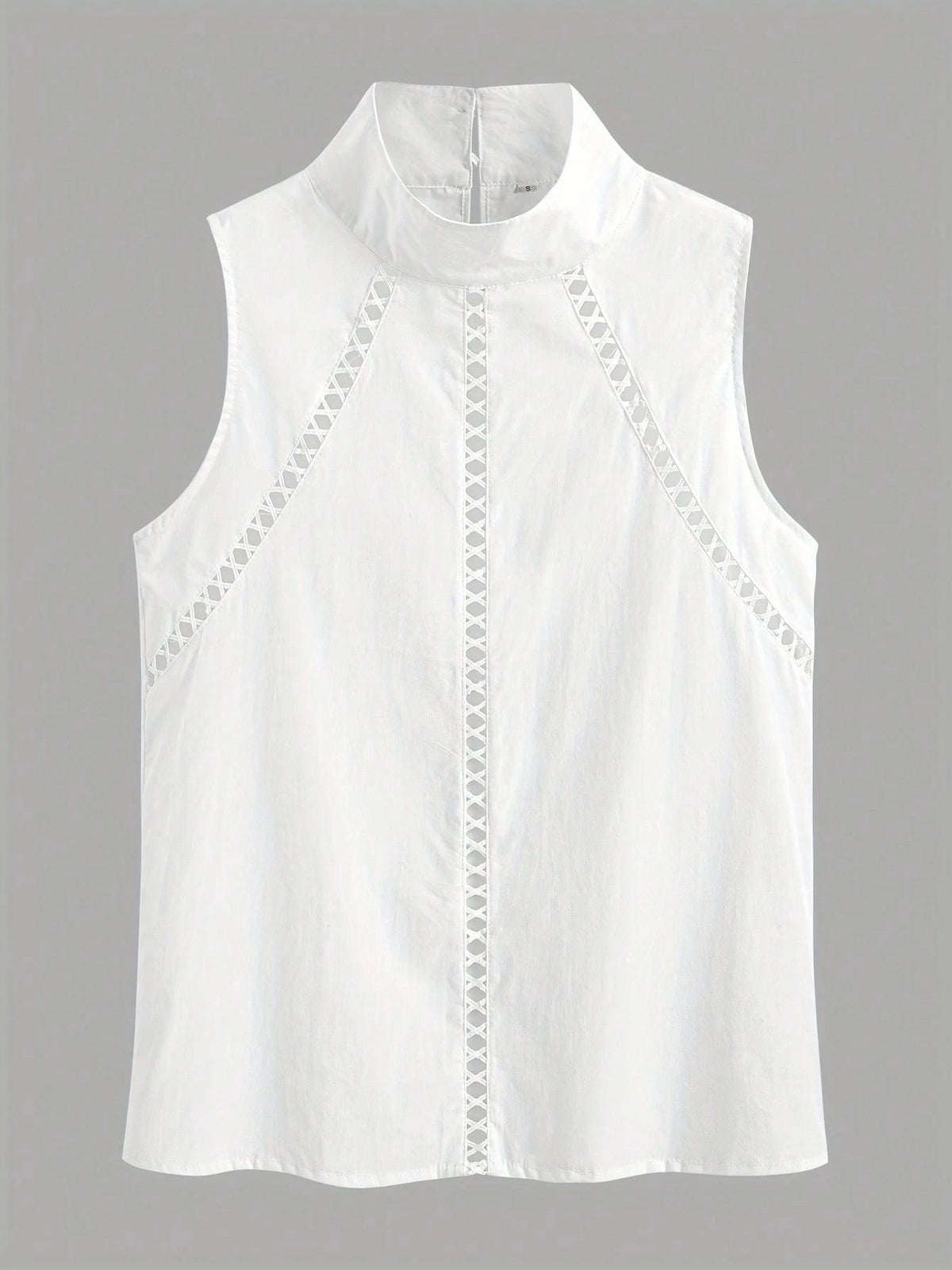 Women High Collar Sleeveless Loose Solid Lace Trim Blouse