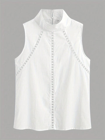 Women High Collar Sleeveless Loose Solid Lace Trim Blouse