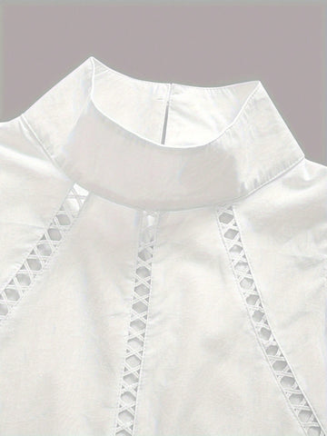 Women High Collar Sleeveless Loose Solid Lace Trim Blouse