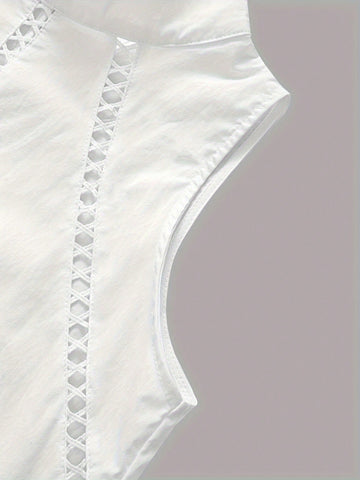 Women High Collar Sleeveless Loose Solid Lace Trim Blouse