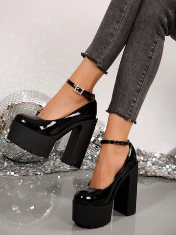 Women High Heel Shoes Chunky Heels Shiny Pumps