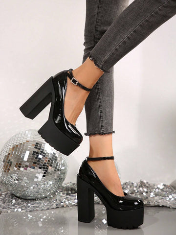 Women High Heel Shoes Chunky Heels Shiny Pumps
