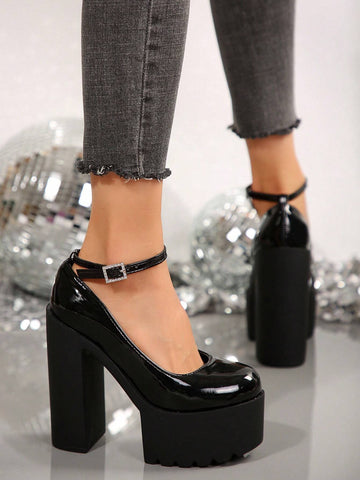 Women High Heel Shoes Chunky Heels Shiny Pumps