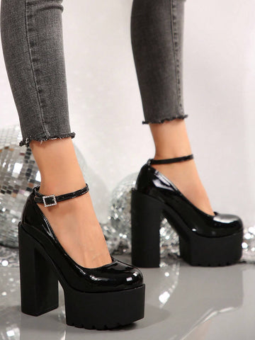 Women High Heel Shoes Chunky Heels Shiny Pumps