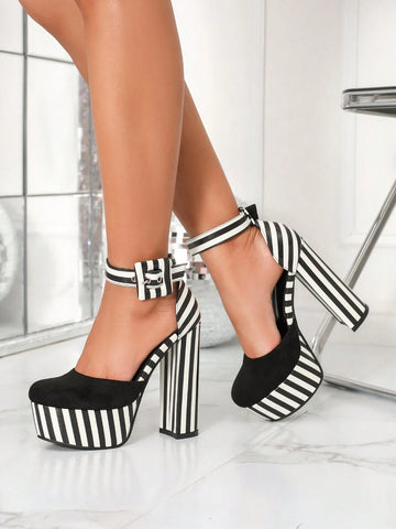 Women High Heel Shoes, Zebra Print Round Toe Platform Thick Heels, Fashion One Strap Hollow Out Pumps