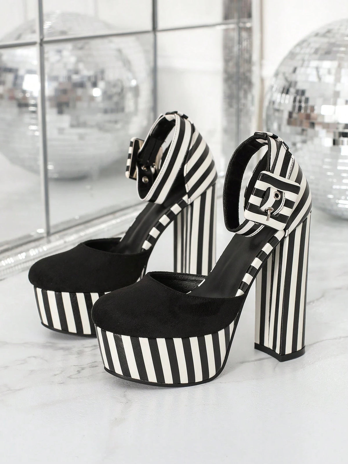 Women High Heel Shoes, Zebra Print Round Toe Platform Thick Heels, Fashion One Strap Hollow Out Pumps