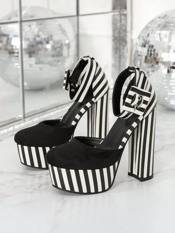 Women High Heel Shoes, Zebra Print Round Toe Platform Thick Heels, Fashion One Strap Hollow Out Pumps