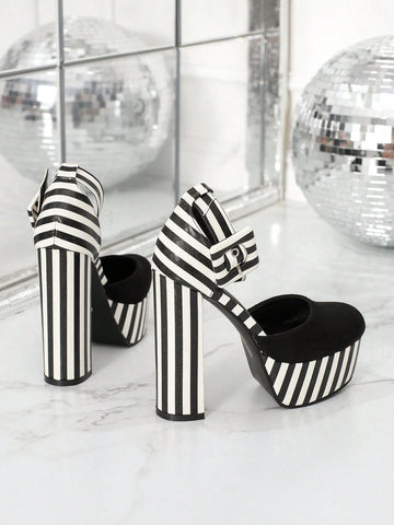 Women High Heel Shoes, Zebra Print Round Toe Platform Thick Heels, Fashion One Strap Hollow Out Pumps
