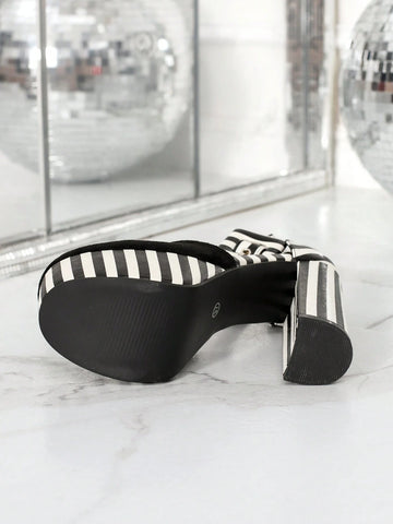 Women High Heel Shoes, Zebra Print Round Toe Platform Thick Heels, Fashion One Strap Hollow Out Pumps