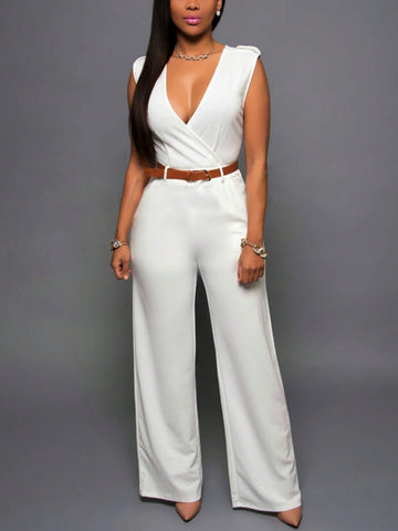 Women High Waist V-Neck Wide-Leg Jumpsuit With Irregular Hem And Waist Belt