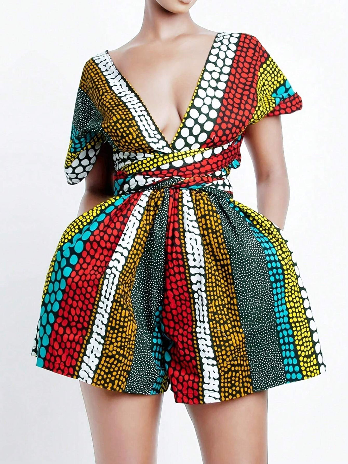 Women Holiday Style Is All About Printed Short Sleeve V-Neck Jumpsuits