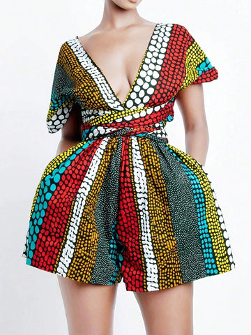 Women Holiday Style Is All About Printed Short Sleeve V-Neck Jumpsuits