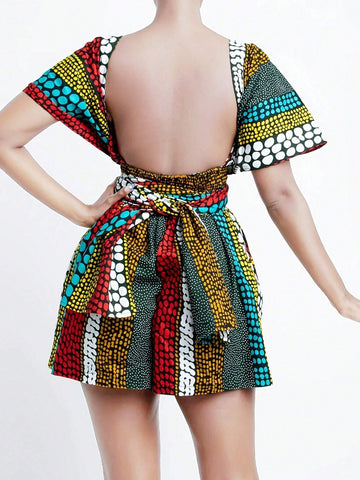 Women Holiday Style Is All About Printed Short Sleeve V-Neck Jumpsuits