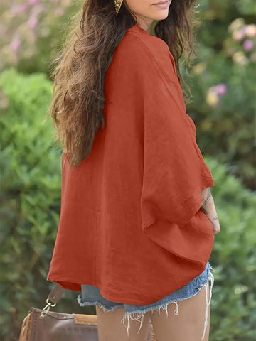 Women Holiday Style Solid Color V-Neck Asymmetrical Hem Blouse