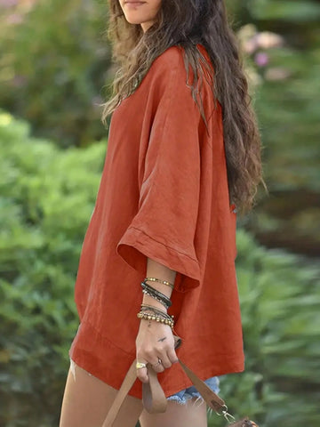 Women Holiday Style Solid Color V-Neck Asymmetrical Hem Blouse