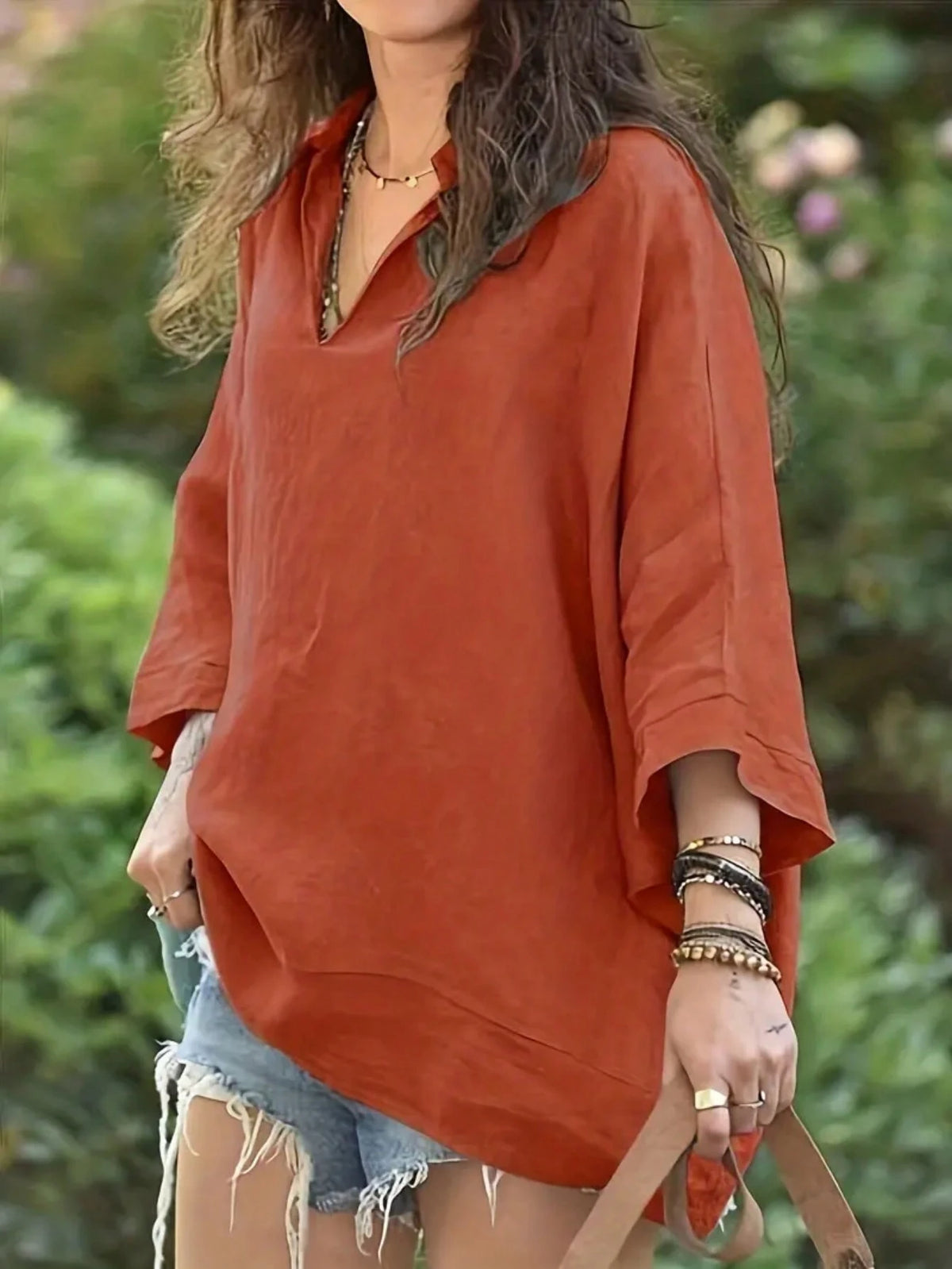 Women Holiday Style Solid Color V-Neck Asymmetrical Hem Blouse