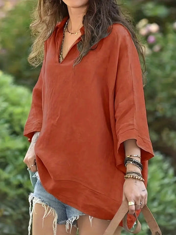 Women Holiday Style Solid Color V-Neck Asymmetrical Hem Blouse