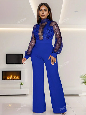 Women Hollow Out See-Through Long Sleeve Long Pants Lace-Up Jumpsuit