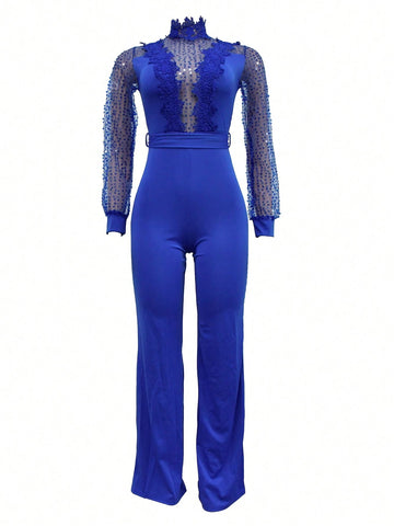 Women Hollow Out See-Through Long Sleeve Long Pants Lace-Up Jumpsuit