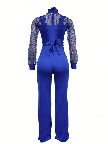 Women Hollow Out See-Through Long Sleeve Long Pants Lace-Up Jumpsuit