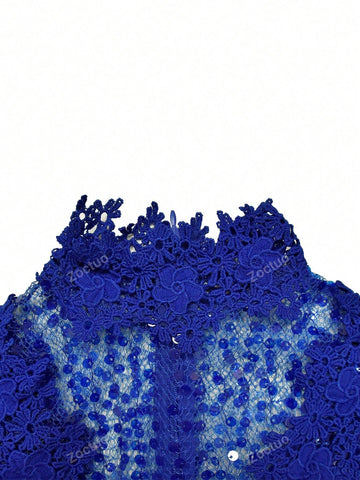 Women Hollow Out See-Through Long Sleeve Long Pants Lace-Up Jumpsuit