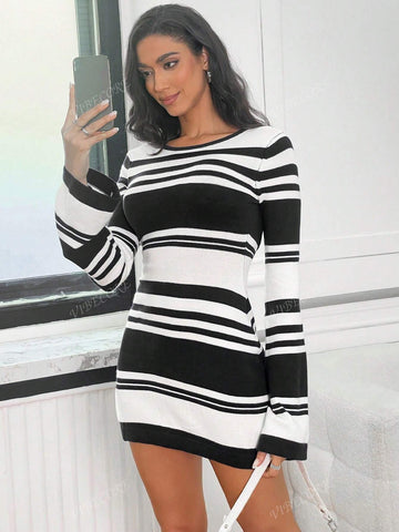 Women Knitwear Long Sleeves Casual Sexy Backless Dress Fall Winter Fashion Vacation Paraty Outfit