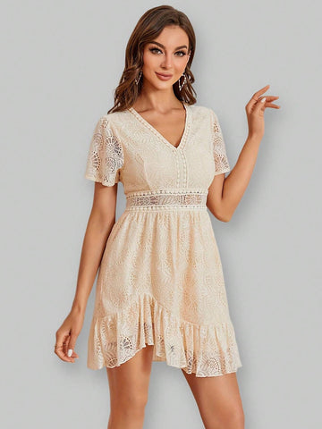Women Lace Patchwork Irregular Hemline Dress