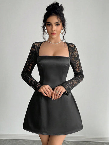Women Lace Patchwork Satin A-Line Party Evening Little Black Dress