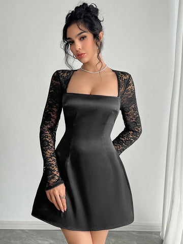 Women Lace Patchwork Satin A-Line Party Evening Little Black Dress