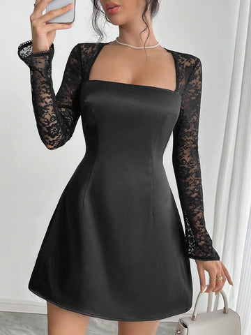 Women Lace Patchwork Satin A-Line Party Evening Little Black Dress