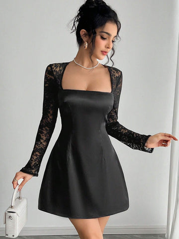 Women Lace Patchwork Satin A-Line Party Evening Little Black Dress