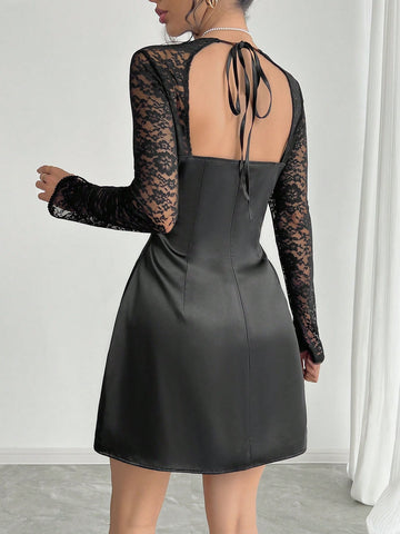 Women Lace Patchwork Satin A-Line Party Evening Little Black Dress