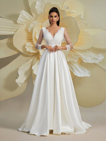 Women Lace Splice V-Neck Long Sleeve Puff Dress, Wedding Dress