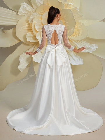 Women Lace Splice V-Neck Long Sleeve Puff Dress, Wedding Dress