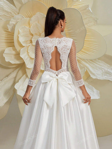 Women Lace Splice V-Neck Long Sleeve Puff Dress, Wedding Dress