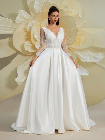 Women Lace Splice V-Neck Long Sleeve Puff Dress, Wedding Dress