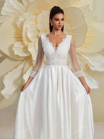 Women Lace Splice V-Neck Long Sleeve Puff Dress, Wedding Dress