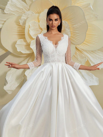Women Lace Splice V-Neck Long Sleeve Puff Dress, Wedding Dress