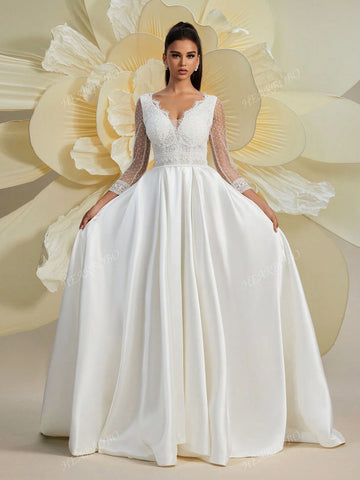 Women Lace Splice V-Neck Long Sleeve Puff Dress, Wedding Dress