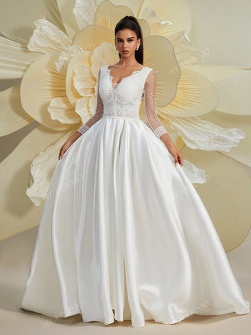 Women Lace Splice V-Neck Long Sleeve Puff Dress, Wedding Dress