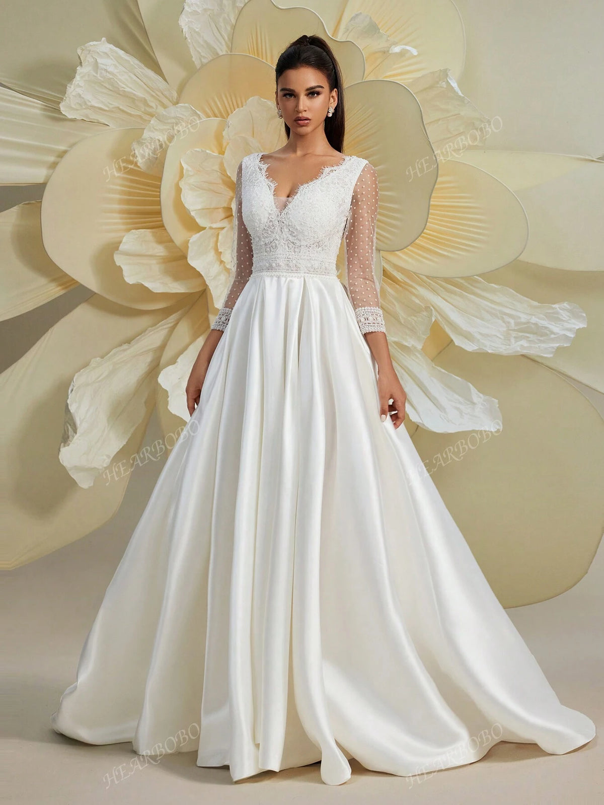 Women Lace Splice V-Neck Long Sleeve Puff Dress, Wedding Dress