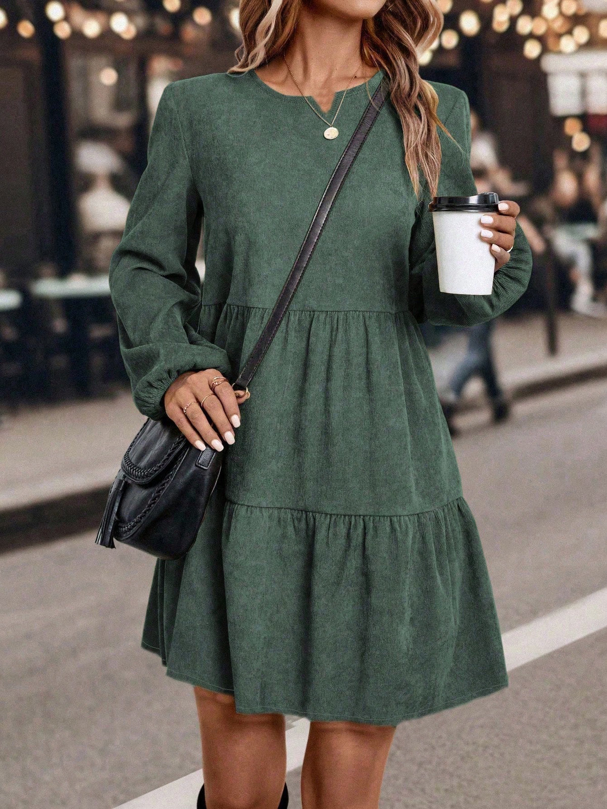 Women Lantern Sleeve Ruffle Hem Dress