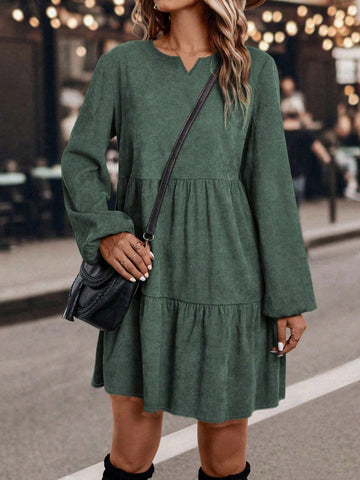 Women Lantern Sleeve Ruffle Hem Dress