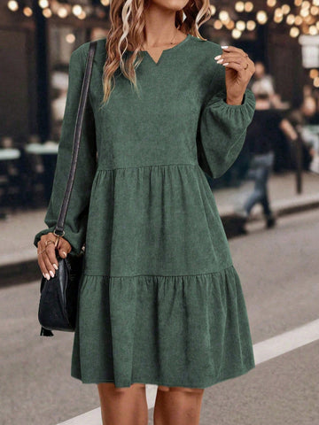 Women Lantern Sleeve Ruffle Hem Dress