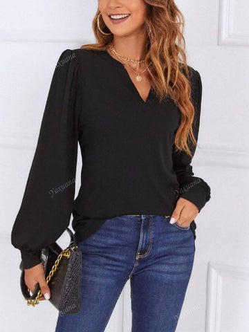 Women Lantern Sleeves V-Neck Casual Business Shirt, Suitable For Office Wear In Autumn