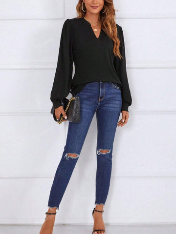 Women Lantern Sleeves V-Neck Casual Business Shirt, Suitable For Office Wear In Autumn