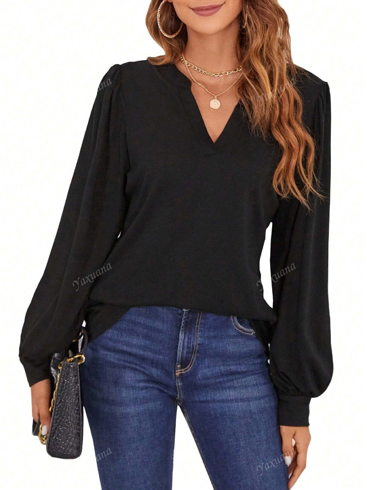 Women Lantern Sleeves V-Neck Casual Business Shirt, Suitable For Office Wear In Autumn