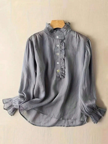 Women Leisure Solid Color Stand Collar Ruffle Sleeve Shirt